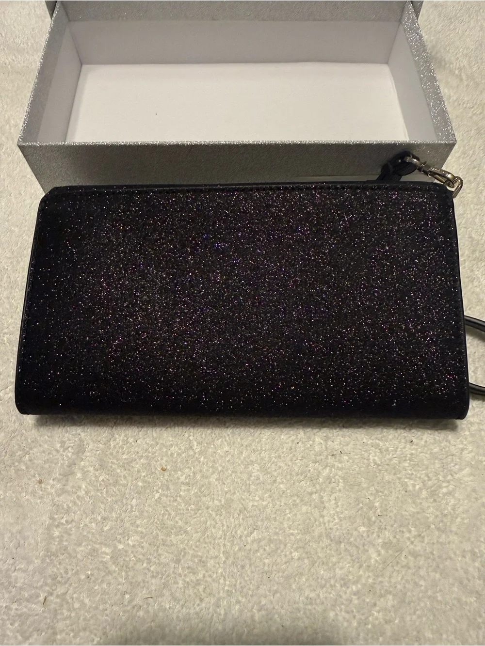 kate spade Black and Purple Glitter Foldover Clutch with Gold Logo